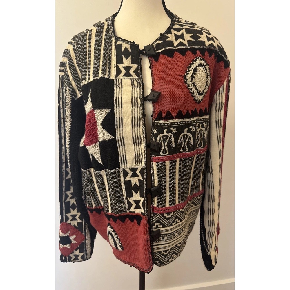 Coldwater Creek Patchwork Sweater Jacket Boho Southwestern Size Large Unique Art